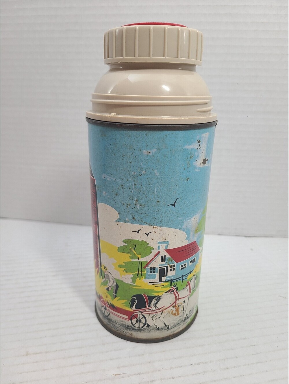 Vintage Holtemp Farm Scene Metal Thermos 1950s